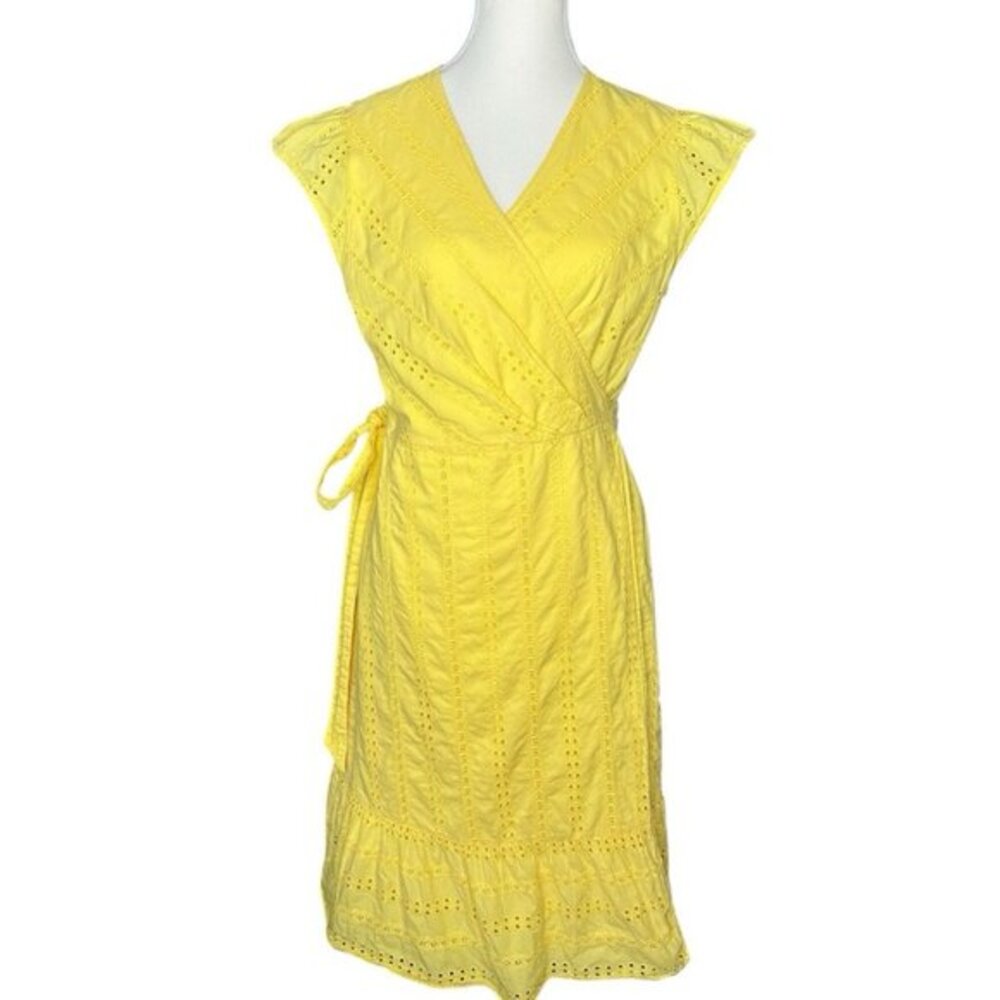 Draper James Yellow Eyelet Wrap Dress Sleeveless Ruffle Hem Cotton Womens Size 8